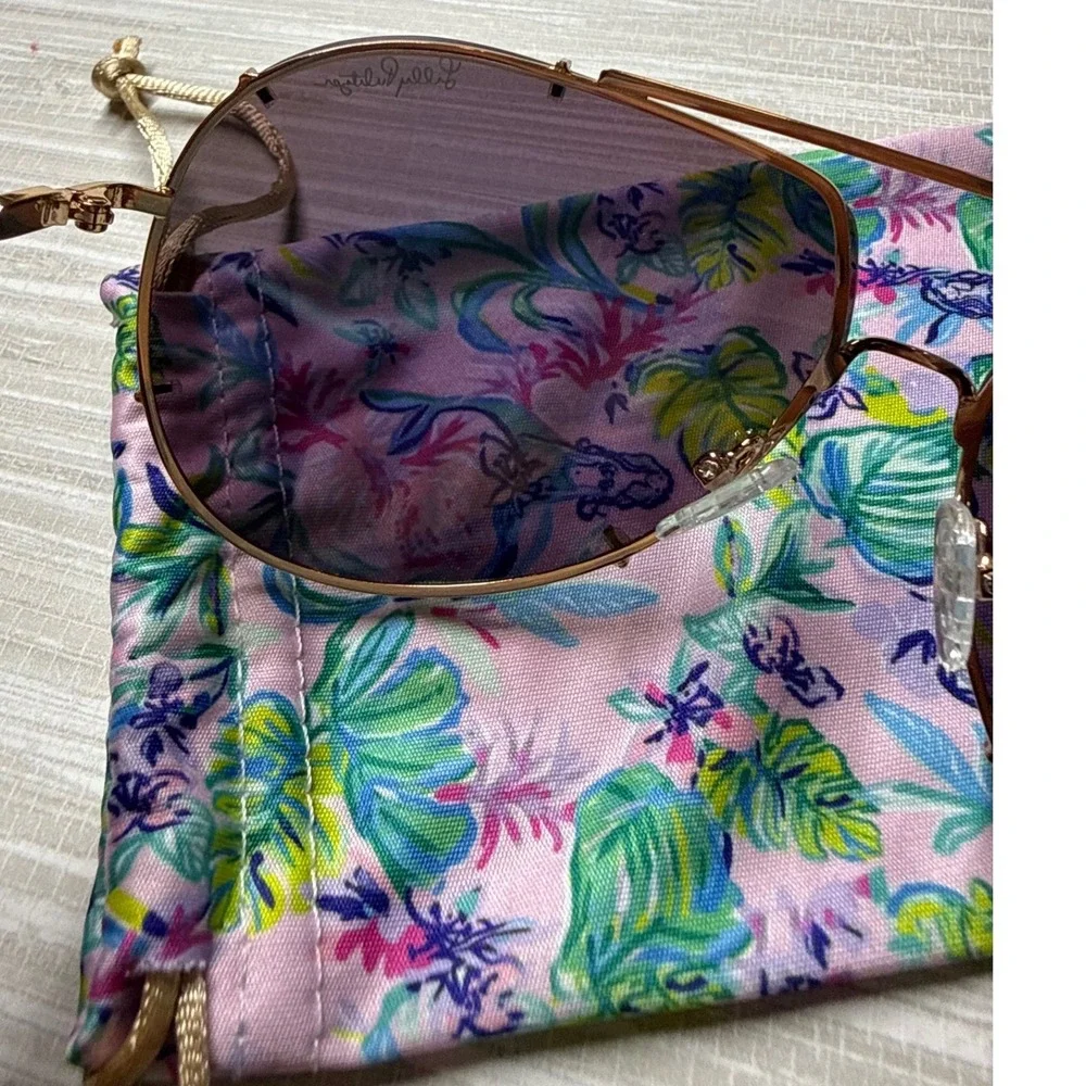 Lilly Pulitzer Adelia Polarized Sunglasses Gold Aviator Purple Floral Pouch 66mm